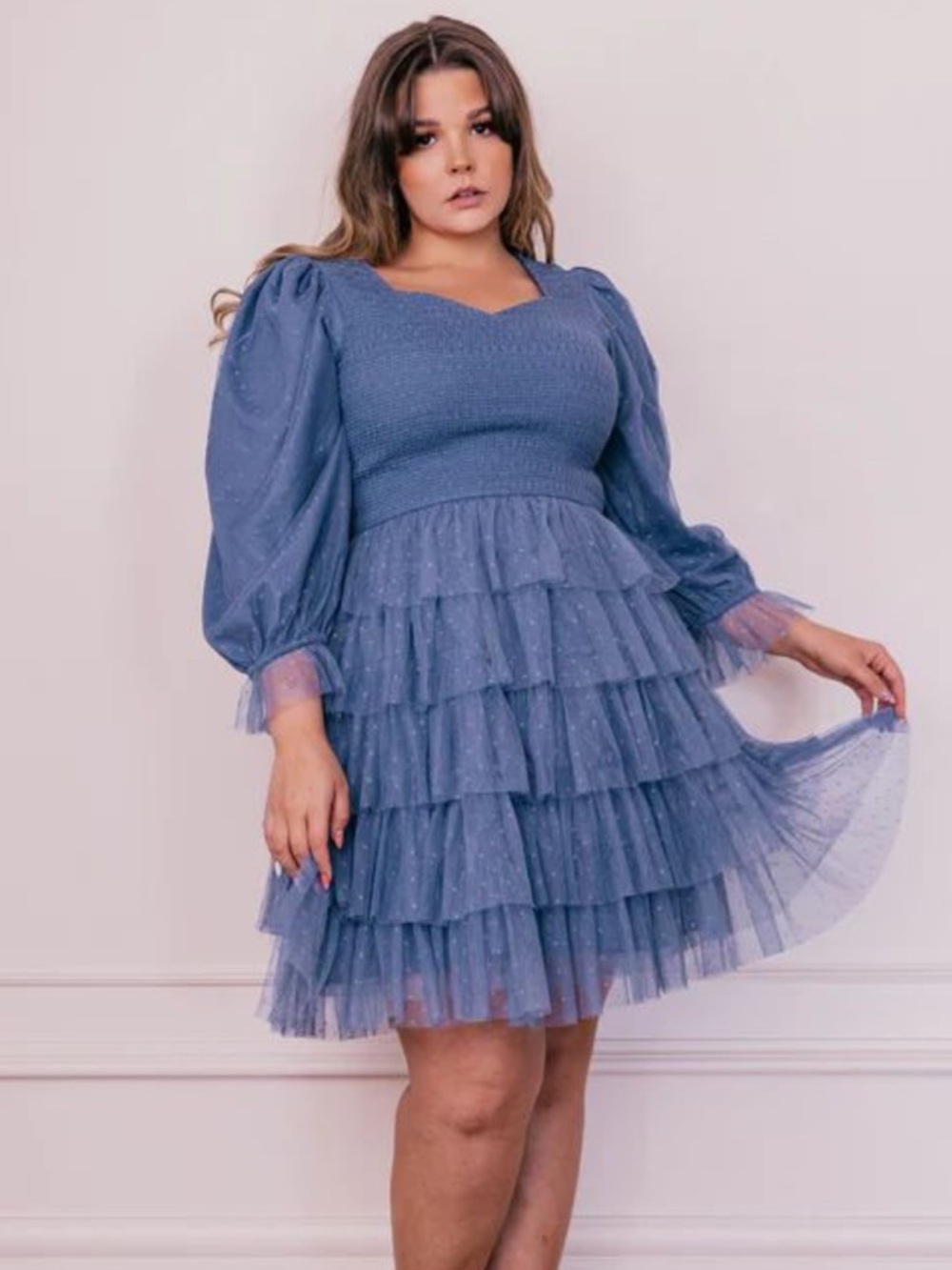 JessaKae Maisy Dress Blue Tiered Tulle Ruffle Smocked Bodice Long Sleeve 4X